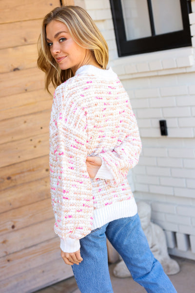 Weekend Ready Cream & Pink Tweed Knit Sweater