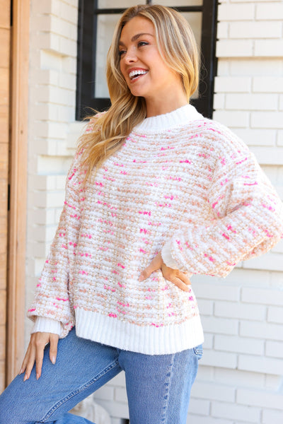 Weekend Ready Cream & Pink Tweed Knit Sweater