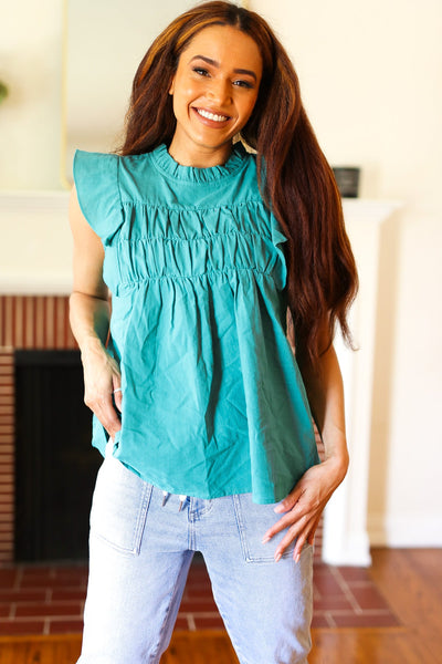 Love Life Cotton Turquoise Frill Mock Neck Flutter Sleeve Top