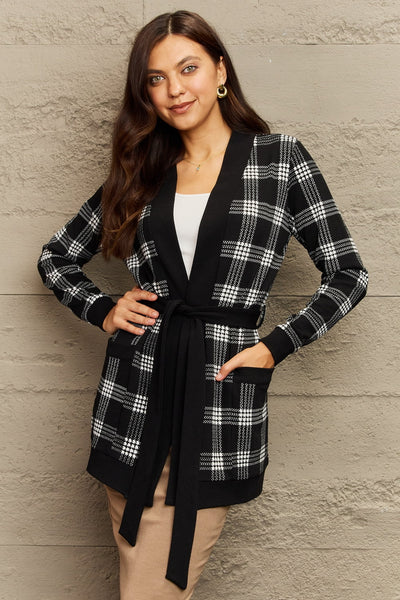 Ninexis Full Size Plaid Tie Waist Pocketed Cardigan