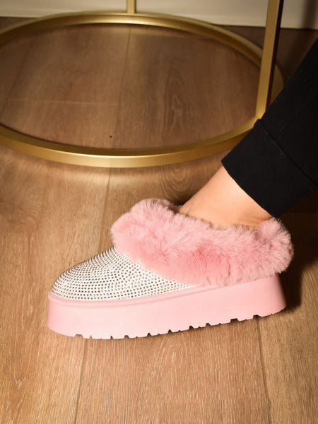 WILD DIVA Embellished Faux Fur Platform Booties - Pink