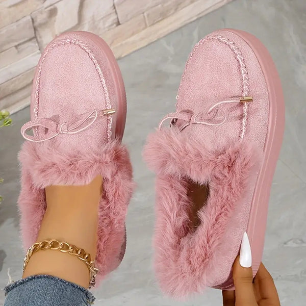 Bow Furry Round Toe Flat Slip-Ons - 9 color options!