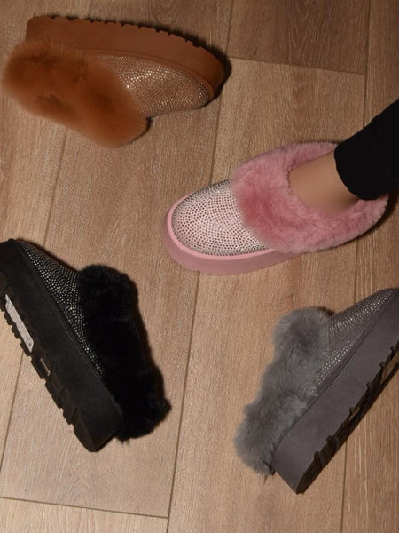 WILD DIVA Embellished Faux Fur Platform Booties - Pink