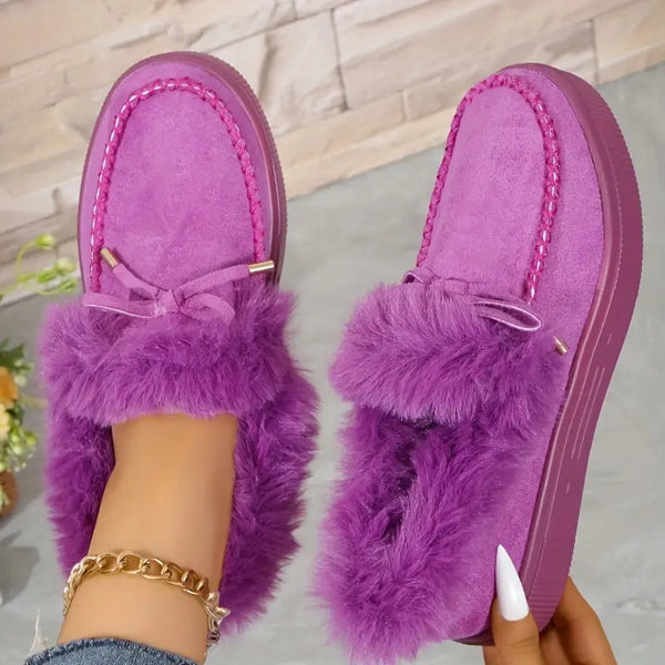 Bow Furry Round Toe Flat Slip-Ons - 9 color options!