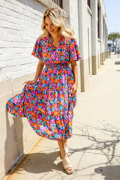 Follow Me Fuchsia Floral Print Frill Notch Neck Bubble Sleeve Dress