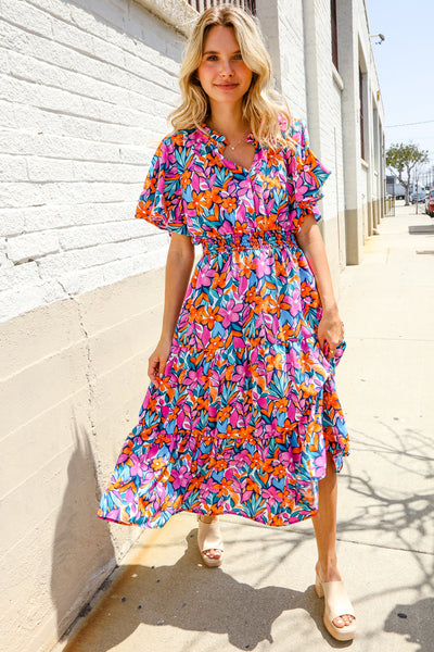 Follow Me Fuchsia Floral Print Frill Notch Neck Bubble Sleeve Dress