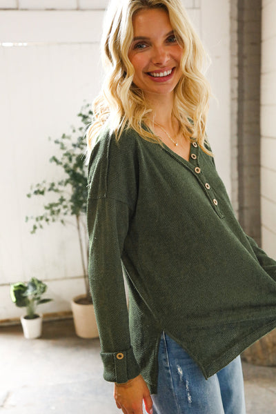 Casual Living Moss Green Henley Cuff Sleeve Side Slit Pullover