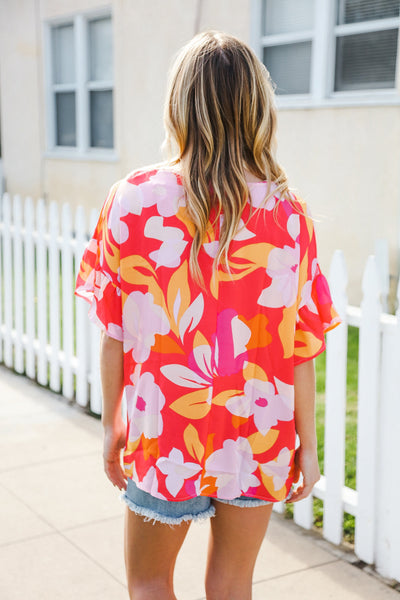 Tropical Vibes Peach Floral Dolman Ruffle Frill Sleeve Blouse