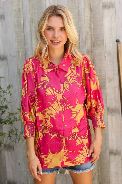 Elegant In Fuchsia Satin Button-Down Smock Long Sleeve Blouse