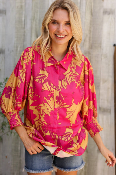 Elegant In Fuchsia Satin Button-Down Smock Long Sleeve Blouse