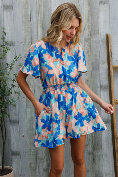 Feeling Bold Turquoise Floral Smocked Waist Flutter Sleeve Romper