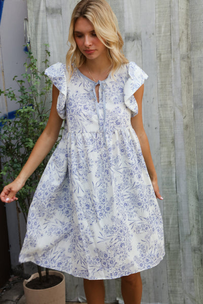 Vintage Vibes Dusty Blue Folded Ruffle Short Sleeve Babydoll Dress