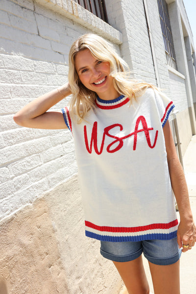 Holiday Ready Red/White & Blue USA Embroidery Dolman Top