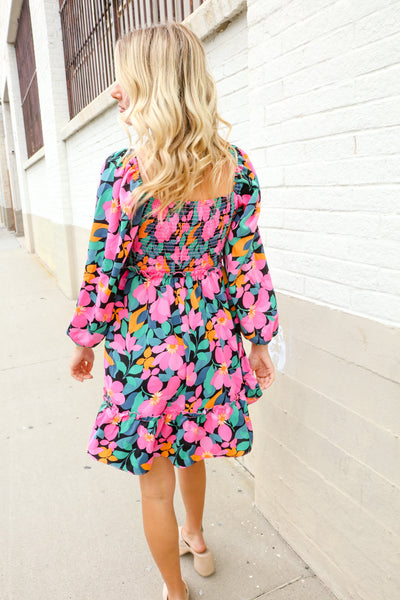 Beautiful You Floral Smocked Square Neck Ruffle Frill Dress