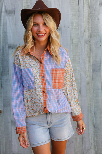Lock Eyes Lilac Plaid & Ditzy Floral Color Block Shirt Top