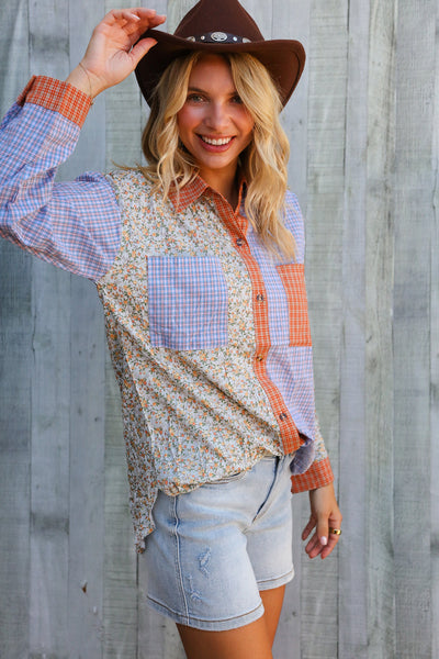 Lock Eyes Lilac Plaid & Ditzy Floral Color Block Shirt Top
