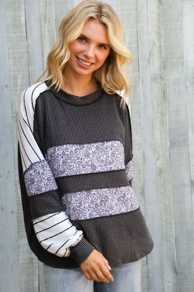 It's Go Time Charcoal Oversized Paisley Floral Print Pullover