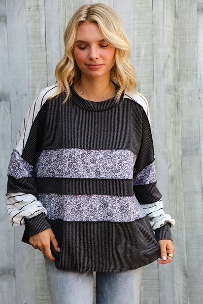 It's Go Time Charcoal Oversized Paisley Floral Print Pullover