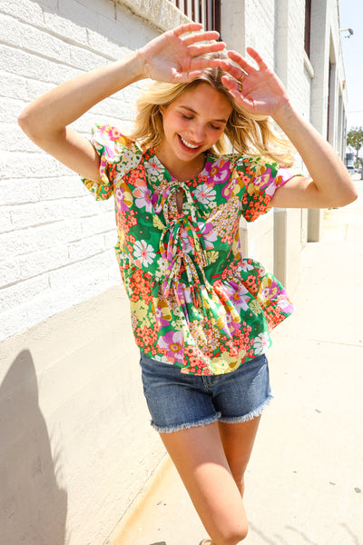 Spring Vibes Green Floral Ribbon Tie Babydoll Top