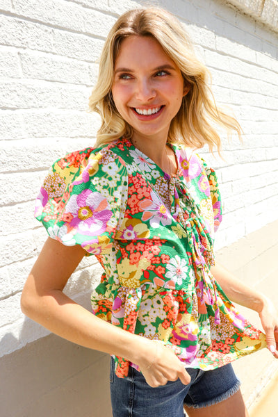Spring Vibes Green Floral Ribbon Tie Babydoll Top