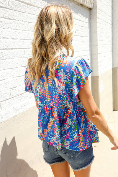 Perfect Find Blue Floral Leaf Print Short Sleeve Babydoll Top
