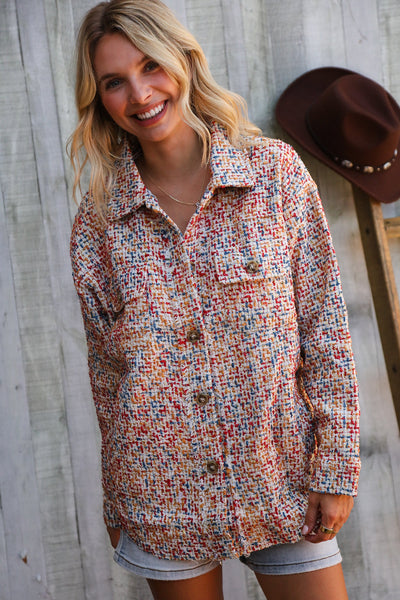 Casual Chic Multicolor Twill Long Sleeve Button-Down Shacket