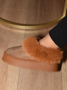 WILD DIVA Embellished Faux Fur Platform Booties - Chestnut