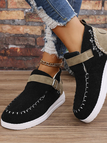 Contrast Round Toe Buckle Sneakers - 3 color options