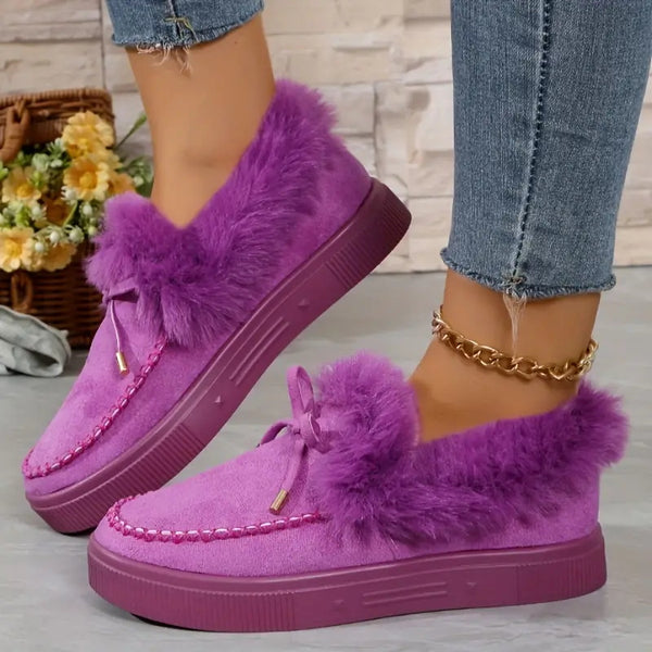 Bow Furry Round Toe Flat Slip-Ons - 9 color options!