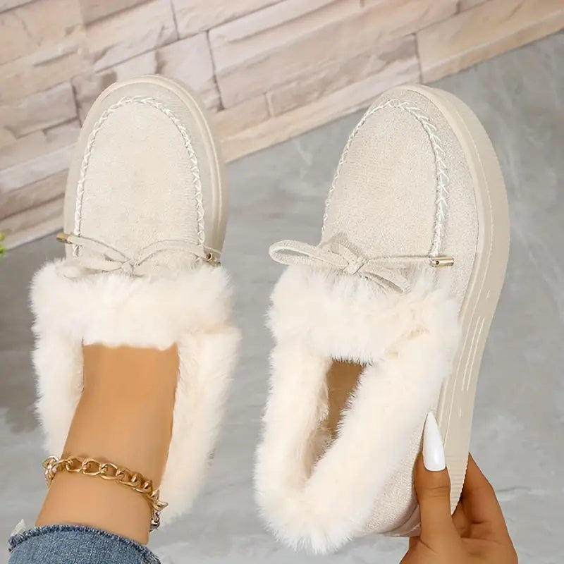 Bow Furry Round Toe Flat Slip-Ons - 9 color options!