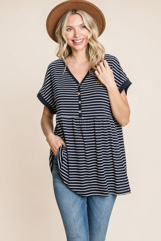 Cotton Bleu by Nu Label Striped Button Front Baby Doll Top