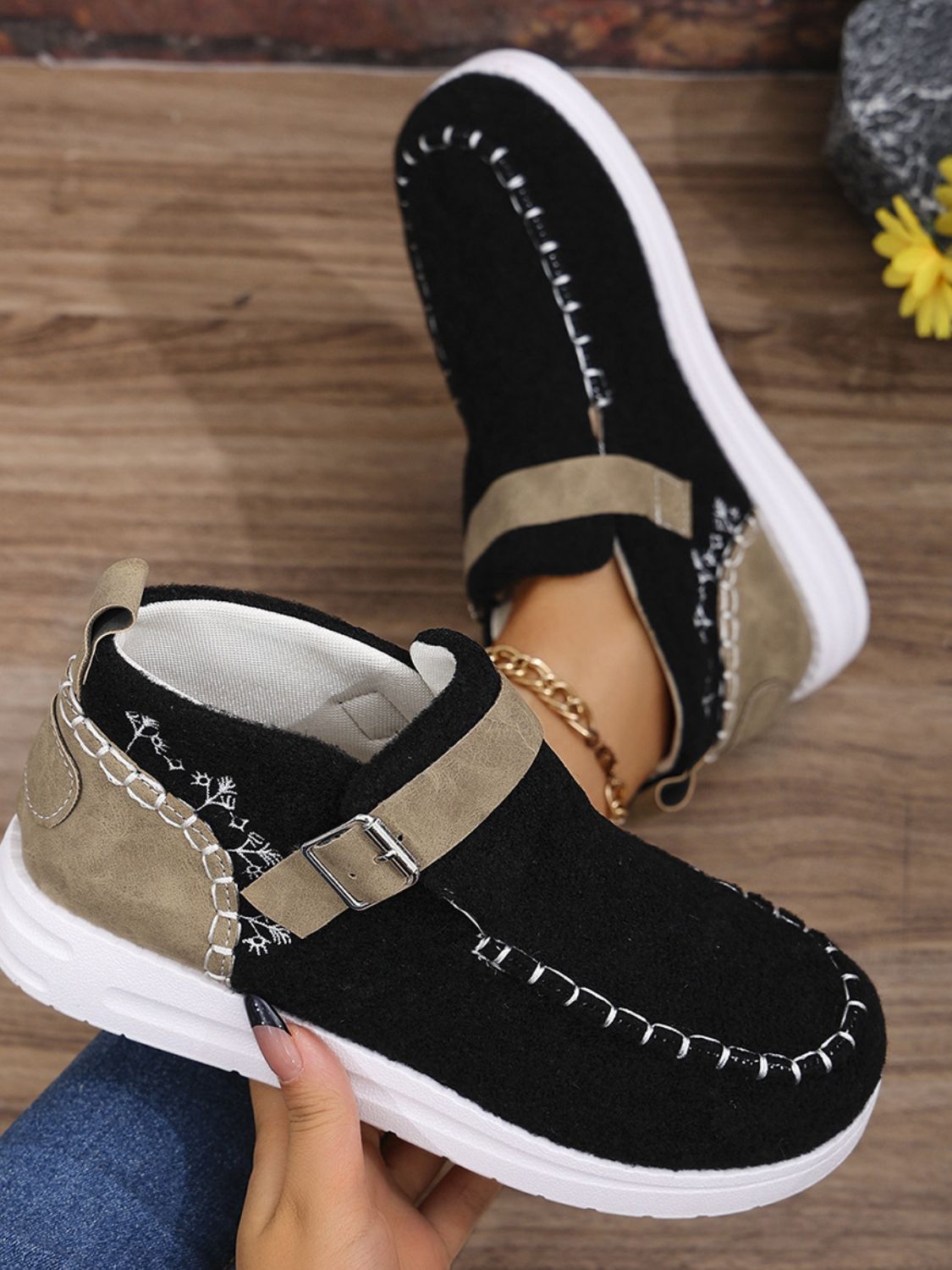 Contrast Round Toe Buckle Sneakers - 3 color options