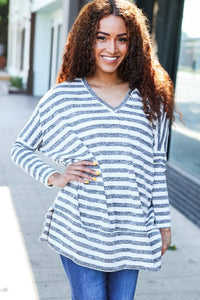 Nautical Ivory & Grey Striped Hacci Knit Tunic Top