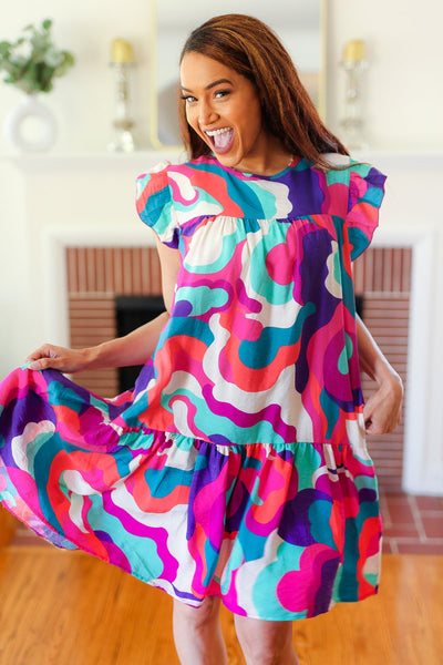 Go For Fun Fuchsia Geo Print Tiered Ruffle Sleeve Woven Dress