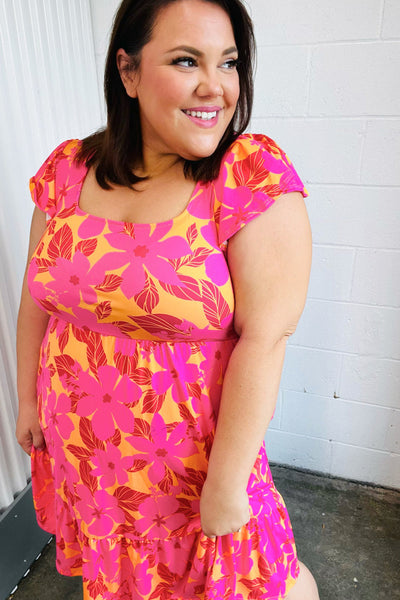 Fuchsia & Orange Tropical Floral Square Neck Dress