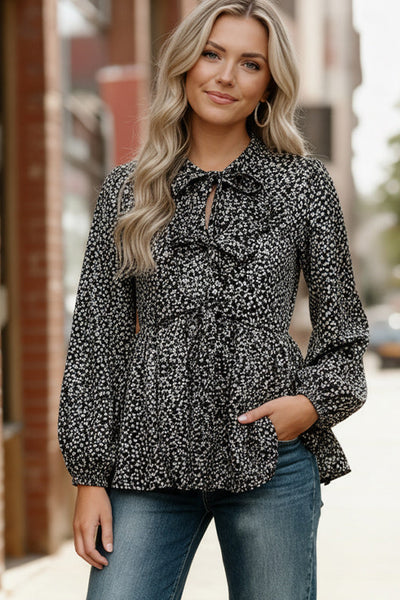 Midnight Petal Bowtie Blouse