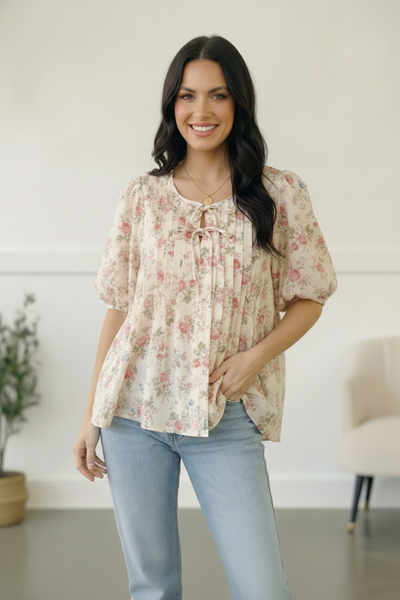 With a Rosy Glow Cream Pleated Top