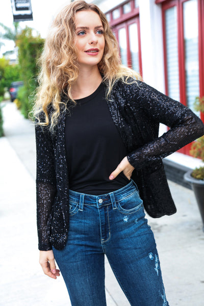 Be Your Own Star Black Sequin Open Blazer