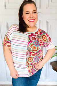 Always Fun Ivory & Fuchsia Stripe and Crochet Print Top