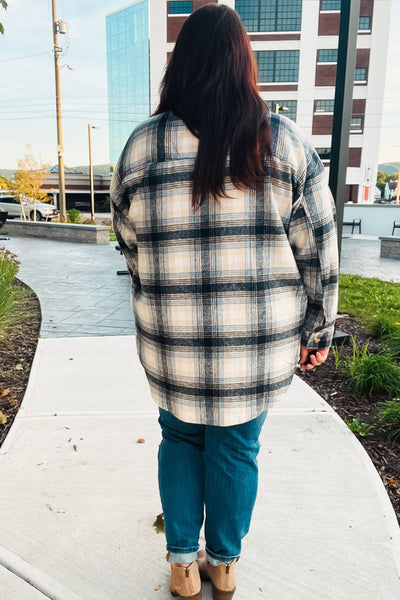 Boldly You Navy Plaid Fringe Button Down Shacket