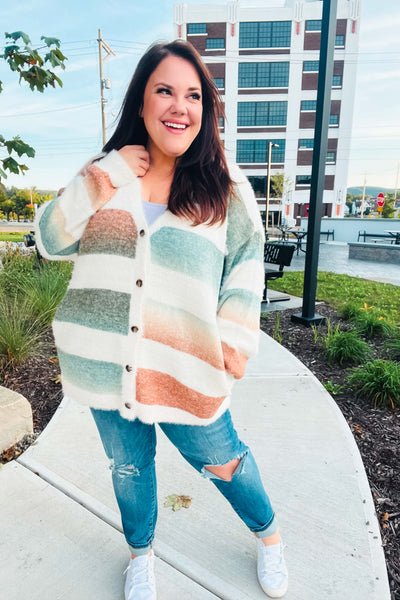 Ivory Striped Button Down Fuzzy Knit Cardigan