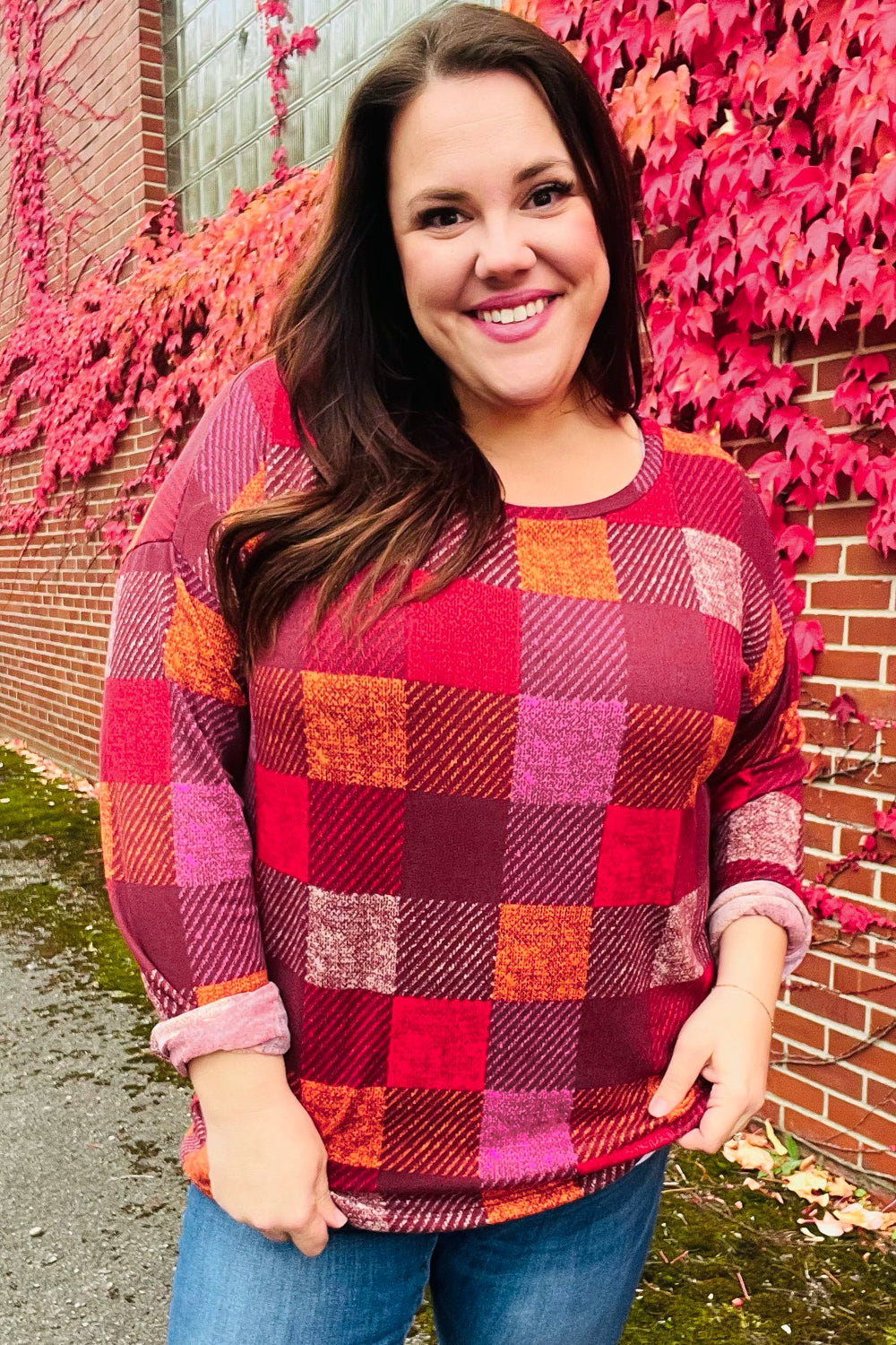 You Got This Burgundy Checker Plaid Print Hacci Knit Top