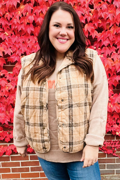 Layer Up Taupe Plaid Snap Button Quilted Puffer Vest