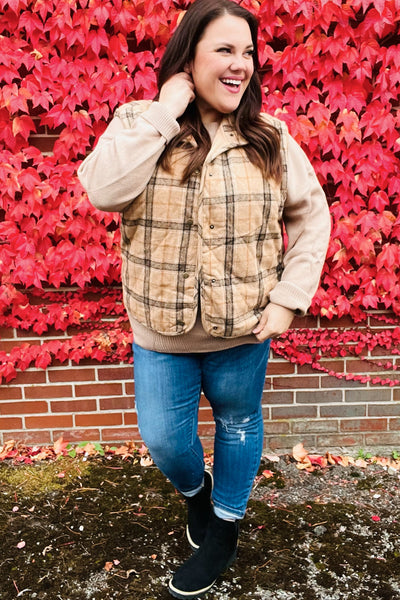 Layer Up Taupe Plaid Snap Button Quilted Puffer Vest