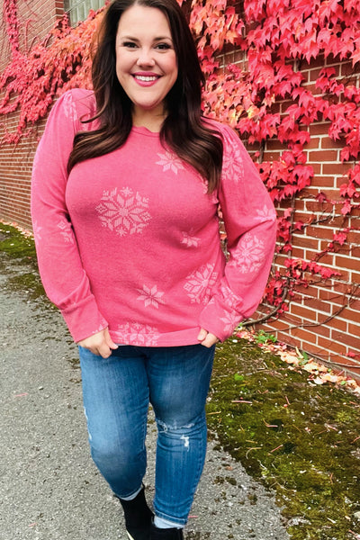 Holiday Ready Red Snowflake Brushed Hacci Sweater Top