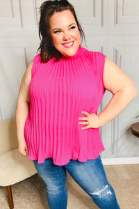 Sweet New Days Fuchsia Smocked Neck Pleated Sleeveless Top