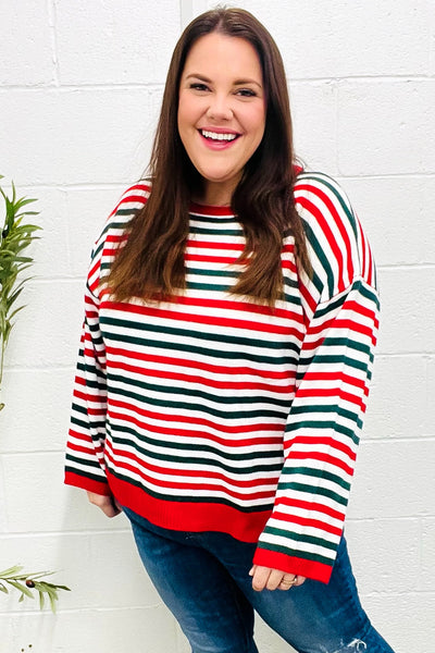 Christmas Red & Green Striped Oversized Knit Sweater