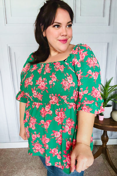 Sumptuous In Smocked Green & Coral Flower Print Babydoll Top