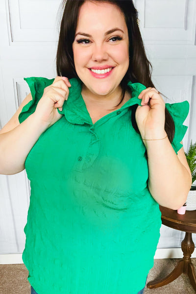 Glamorous In Kelly Green Textured Ruffle Mock Neck Top