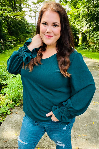 Hello Beautiful Hunter Green Smocked Bubble Sleeve Woven Top